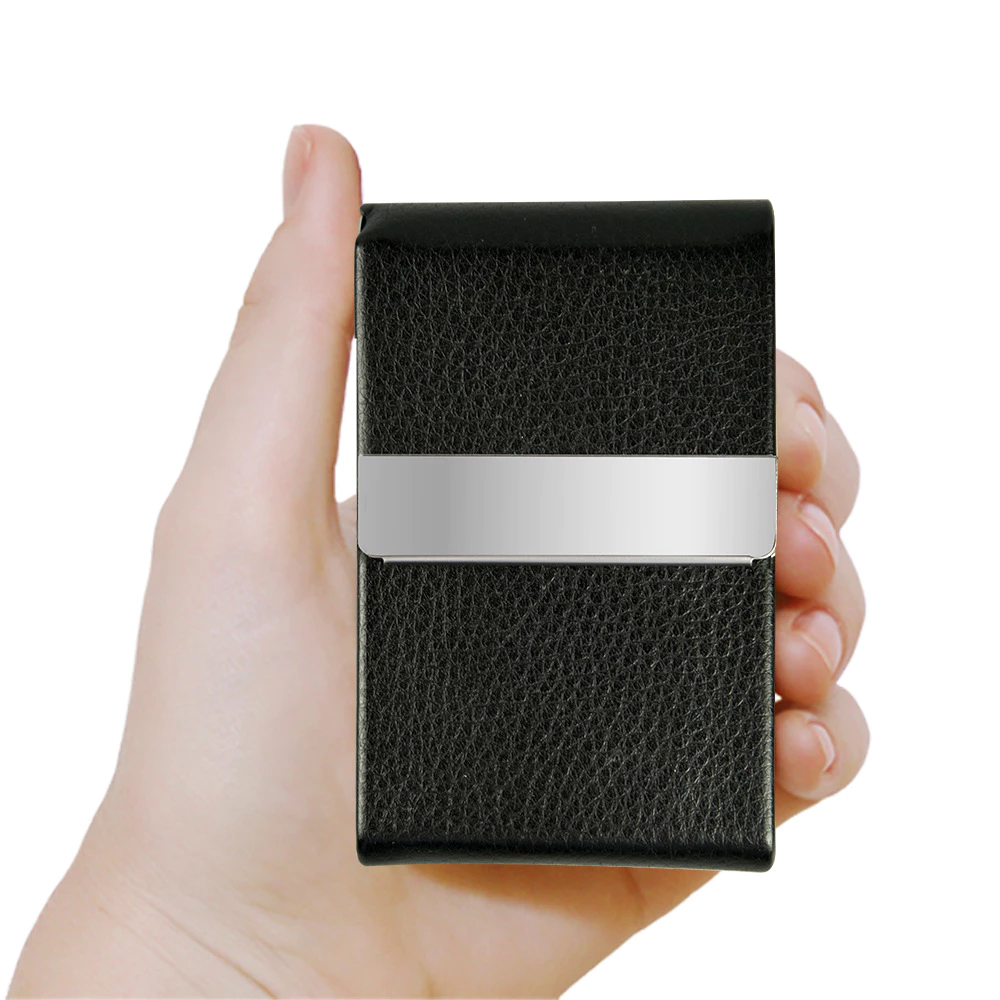 Leather Texture PU Stainless Steel Business Card Holder - Black