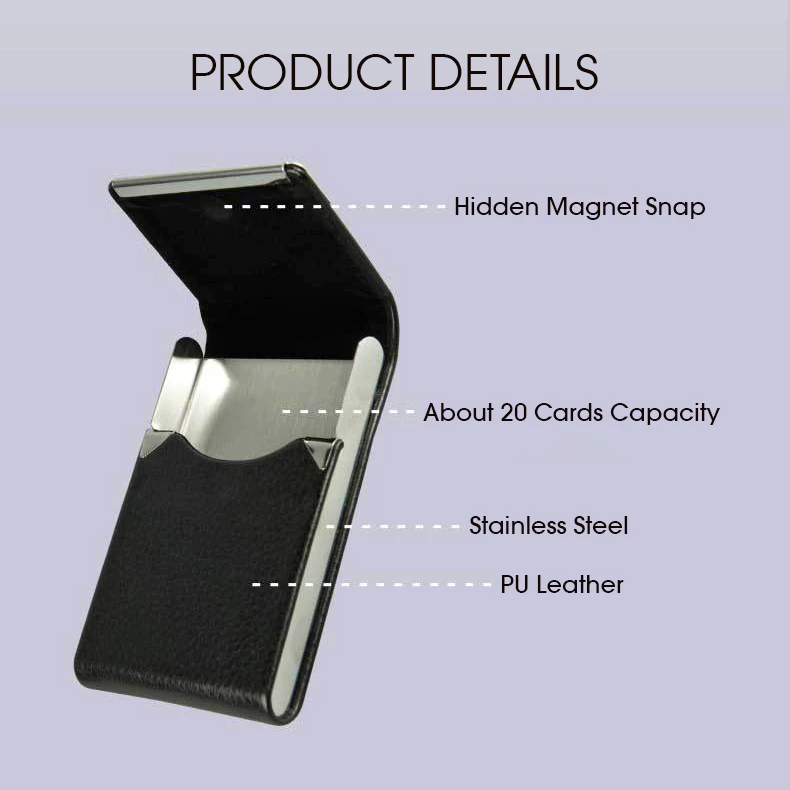 Leather Texture PU Stainless Steel Business Card Holder - Black