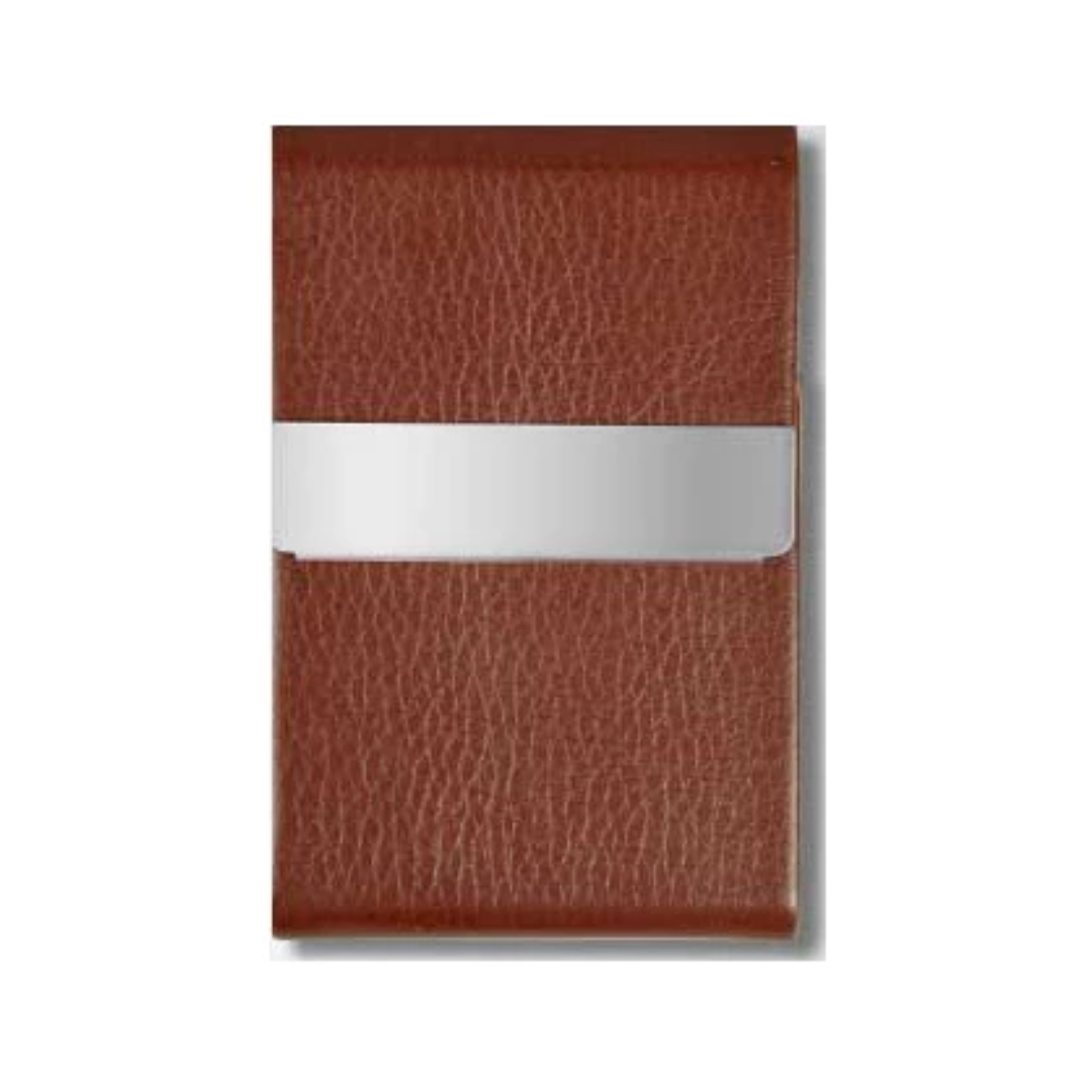 Leather Texture PU Stainless Steel Business Card Holder - Brown