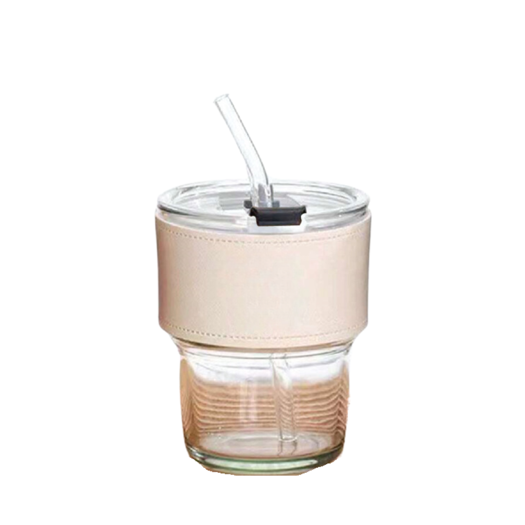 MONTE 2 Premium Color Glass Mug with PU Sleeve (400ml) - Transparent Glass White Sleeve