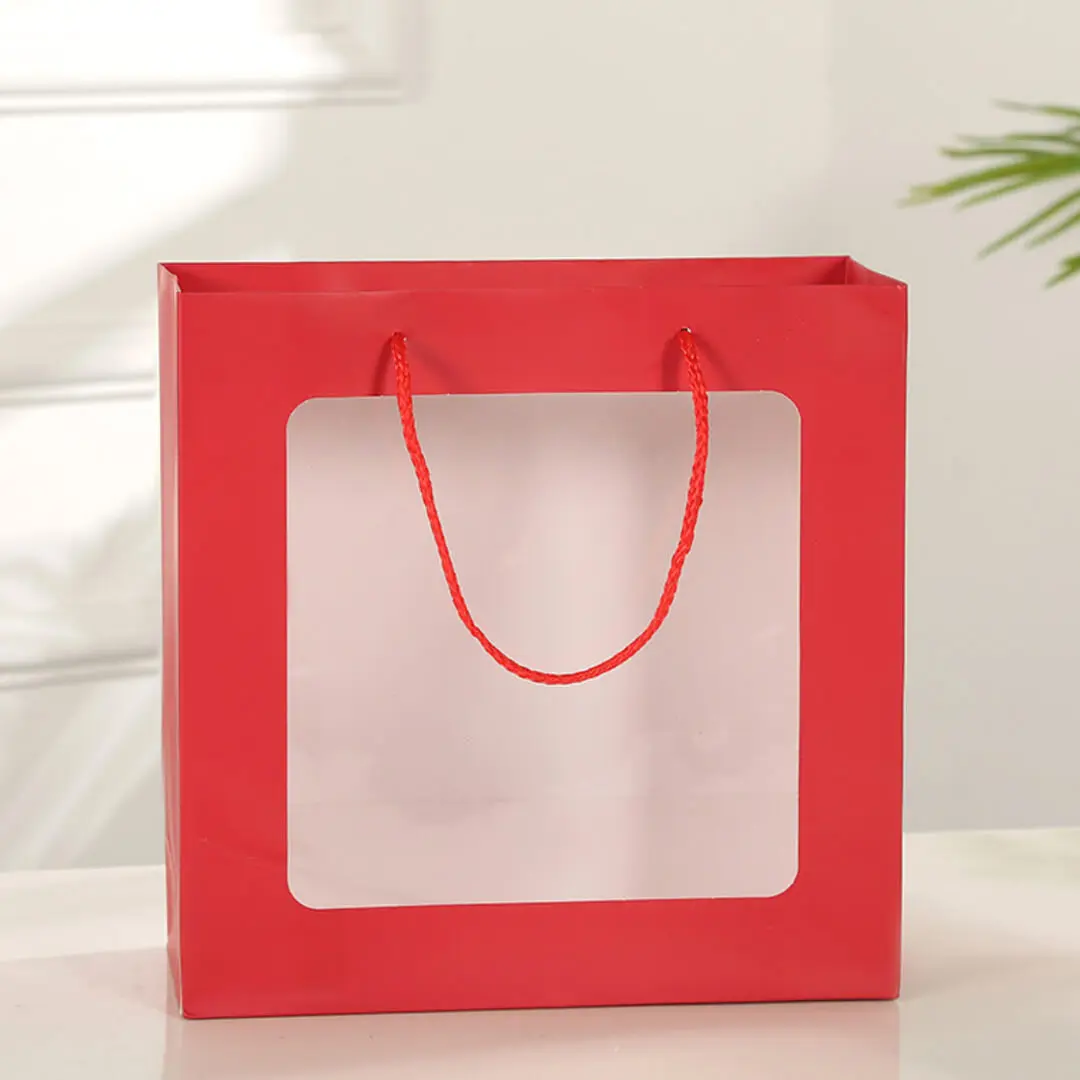 Paper Bag with Window for Doorgift S: 20cm x 18cm x 8cm Red