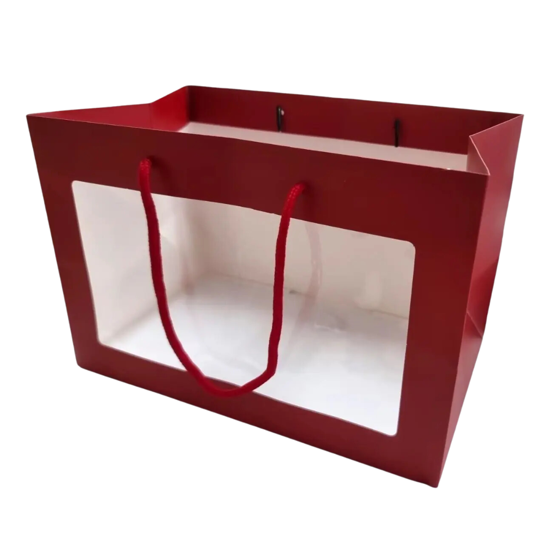 Rectangular Shaped Red Gift Bag With PVC Window 30cm (L) x 20cm (H) x 18cm (W)