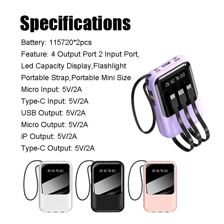 Mini powerbank 20000mah Fast Charging 3 Cables Digital Display