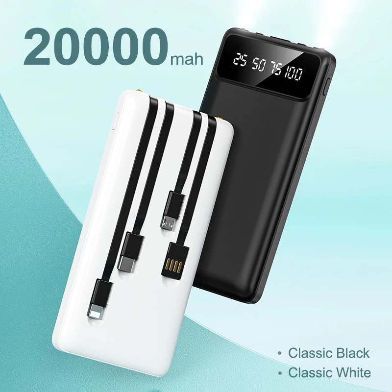 Power Bank 20000mAh Built-in 3 Cables Digital Display - Black