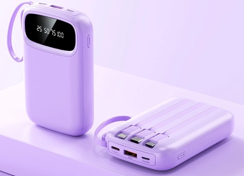Power Bank 20000mAh Built-in 4 Cables Digital Display - Purple