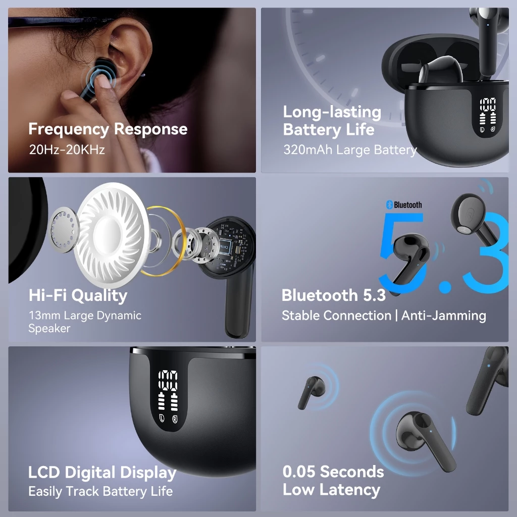 Wireless Headphone TWS 5.3 earphone Wireless Bluetooth Microphone Call Noise Reduction Earbuds - White
