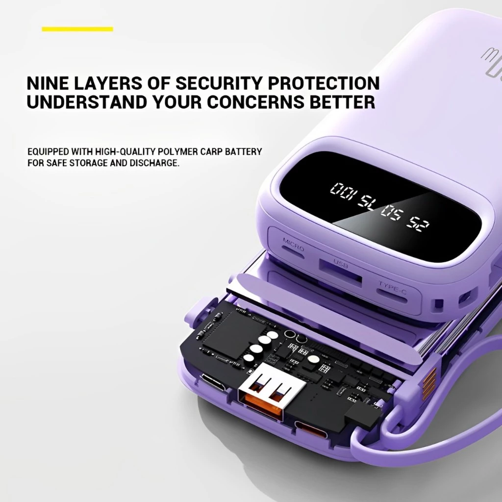 Power Bank 20000mAh Built-in 4 Cables Digital Display - Purple