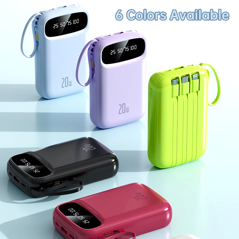 Power Bank 20000mAh Built-in 4 Cables Digital Display - Sky Blue
