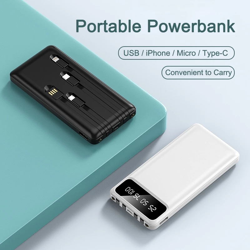 Power Bank 20000mAh Built-in 3 Cables Digital Display - White