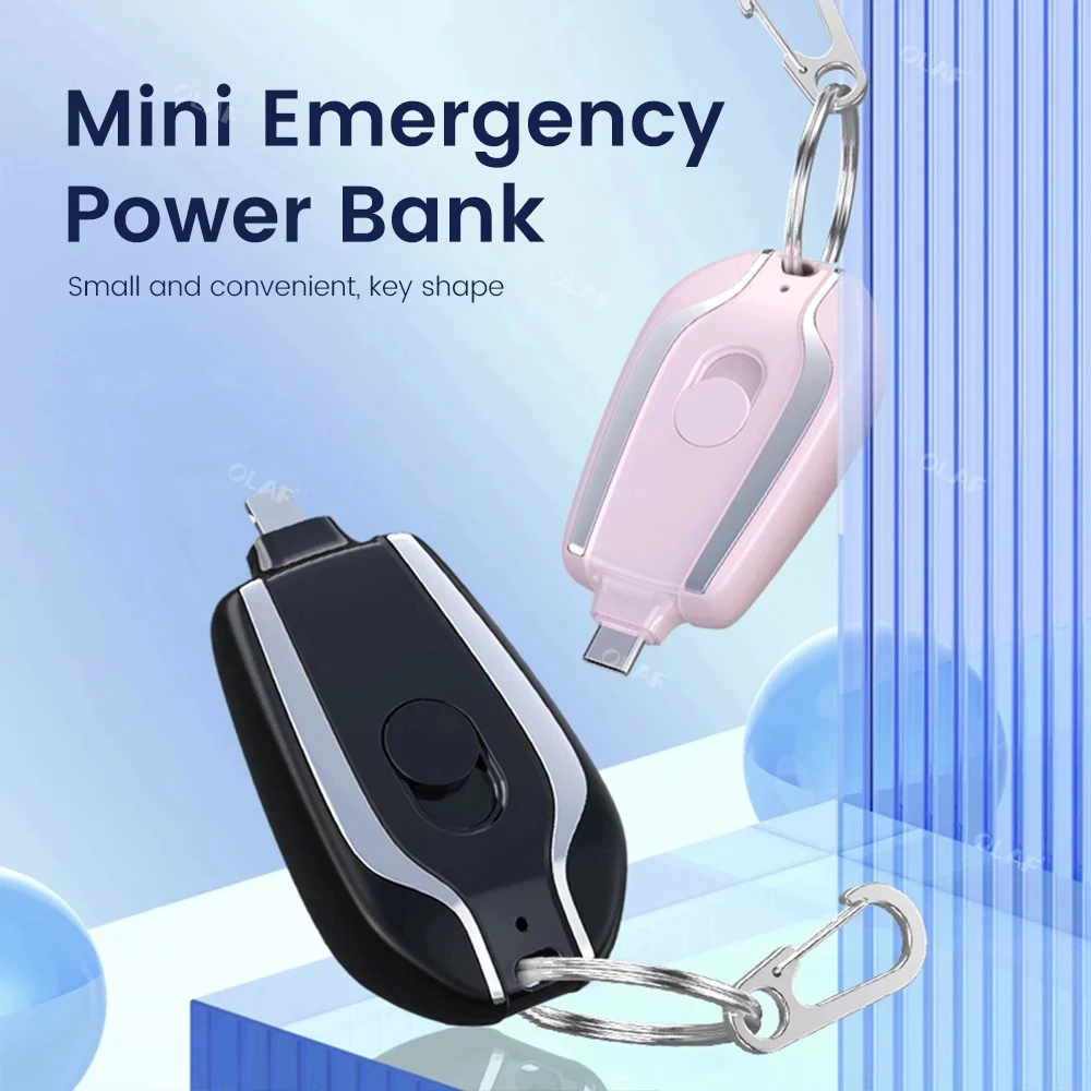 Portable Keychain Emergency Mobile 1500 mAH Power Bank Charger For Emergency Use Ultra-Compact Mini Battery- Type C - Black