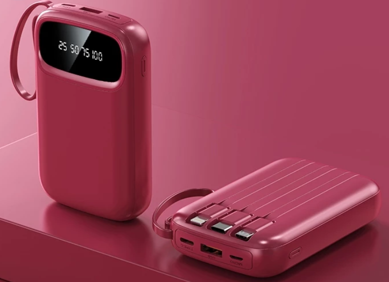 Power Bank 20000mAh Built-in 4 Cables Digital Display - Wine Red