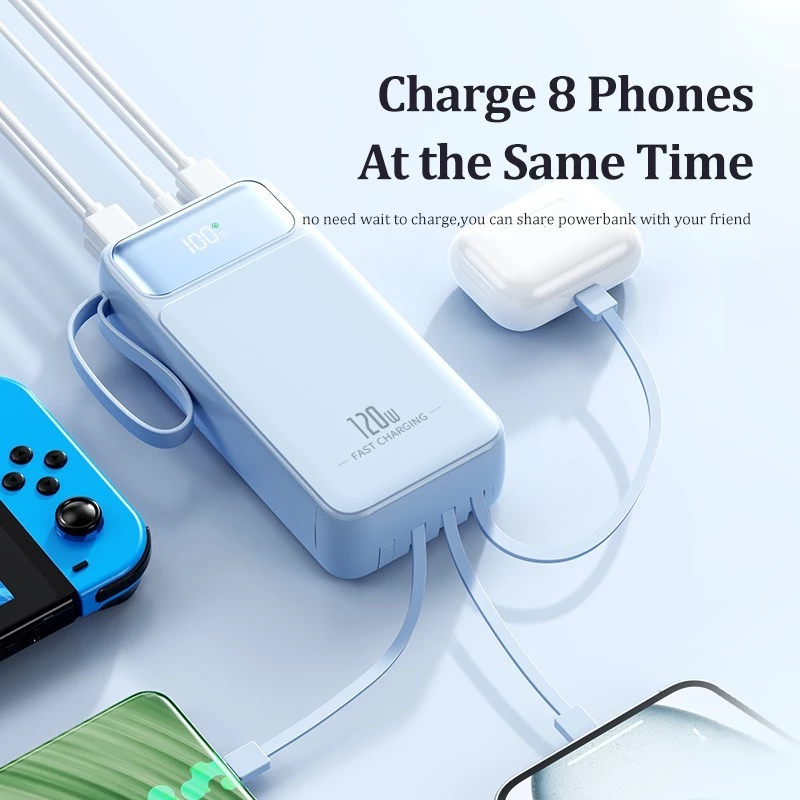60000mah Powerbank Fast Charging With 4 Cables - Black