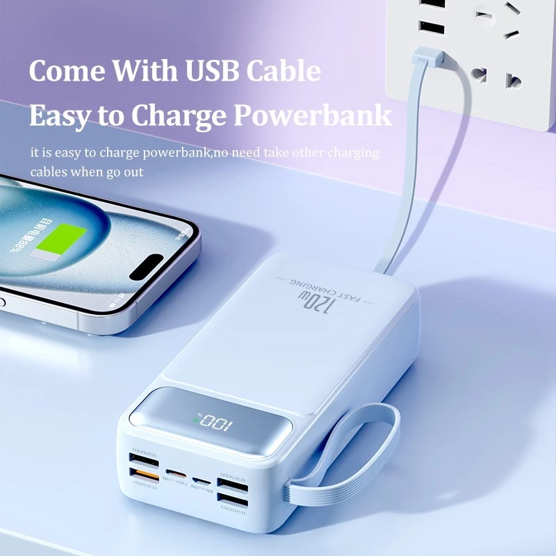 60000mah Powerbank Fast Charging With 4 Cables - Black