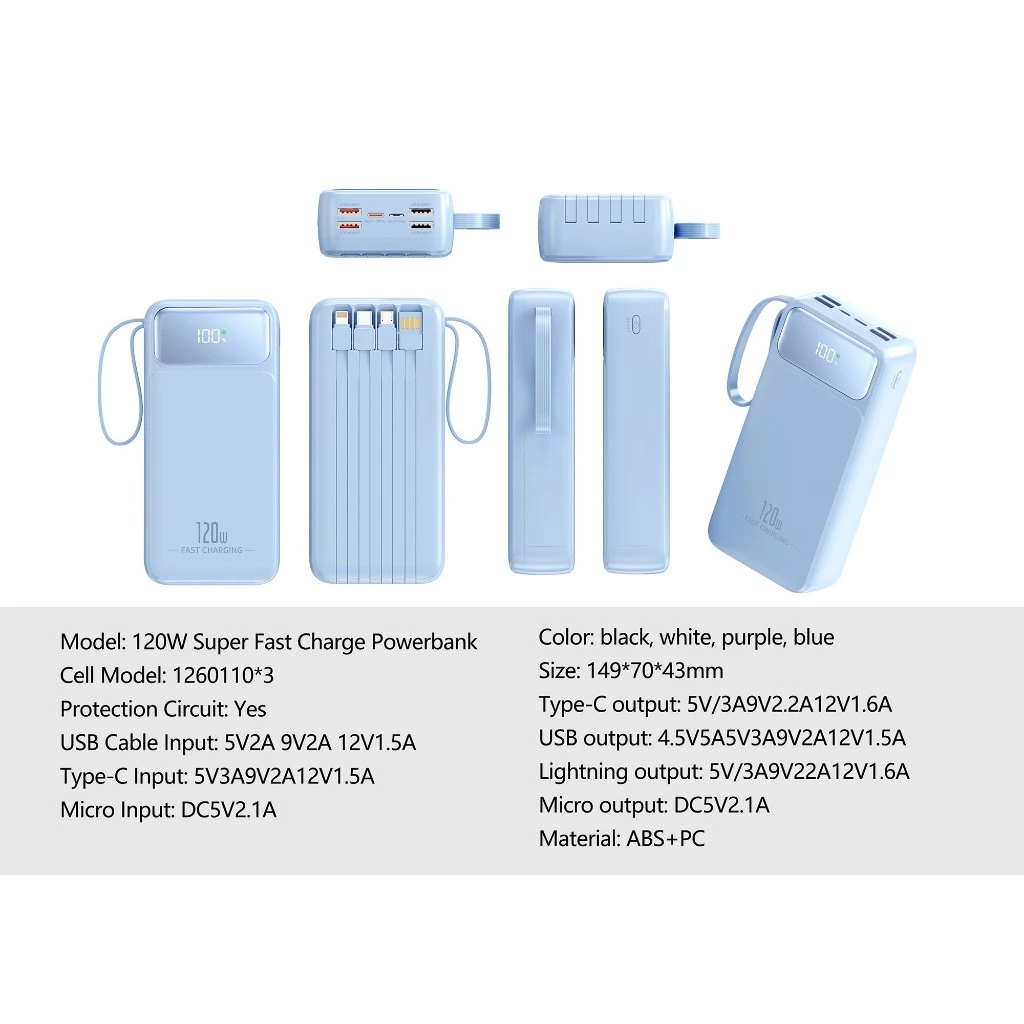 60000mah Powerbank Fast Charging With 4 Cables - Black