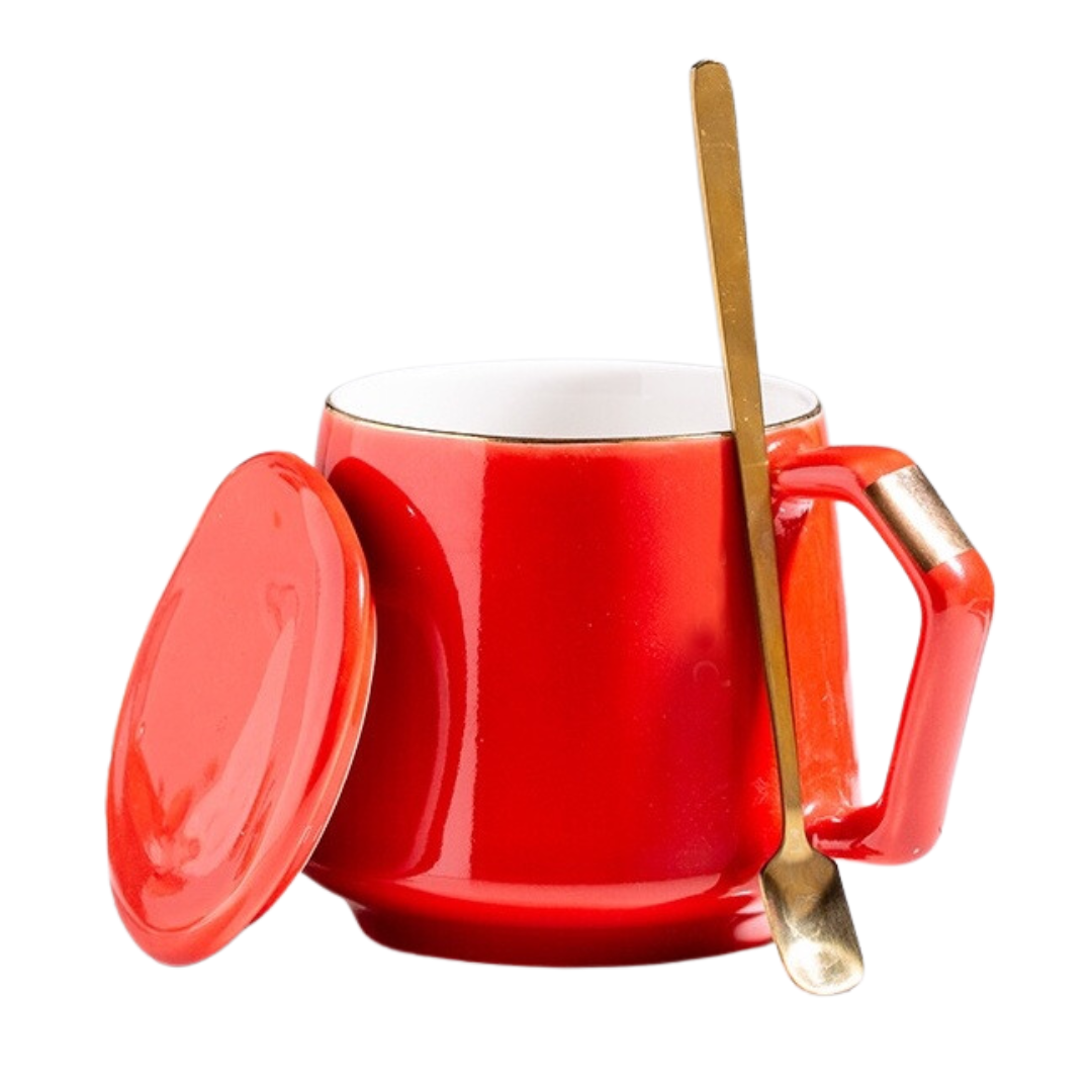 MUGGO Coffee Tea Mug With Lid And Spoon 360ml Red