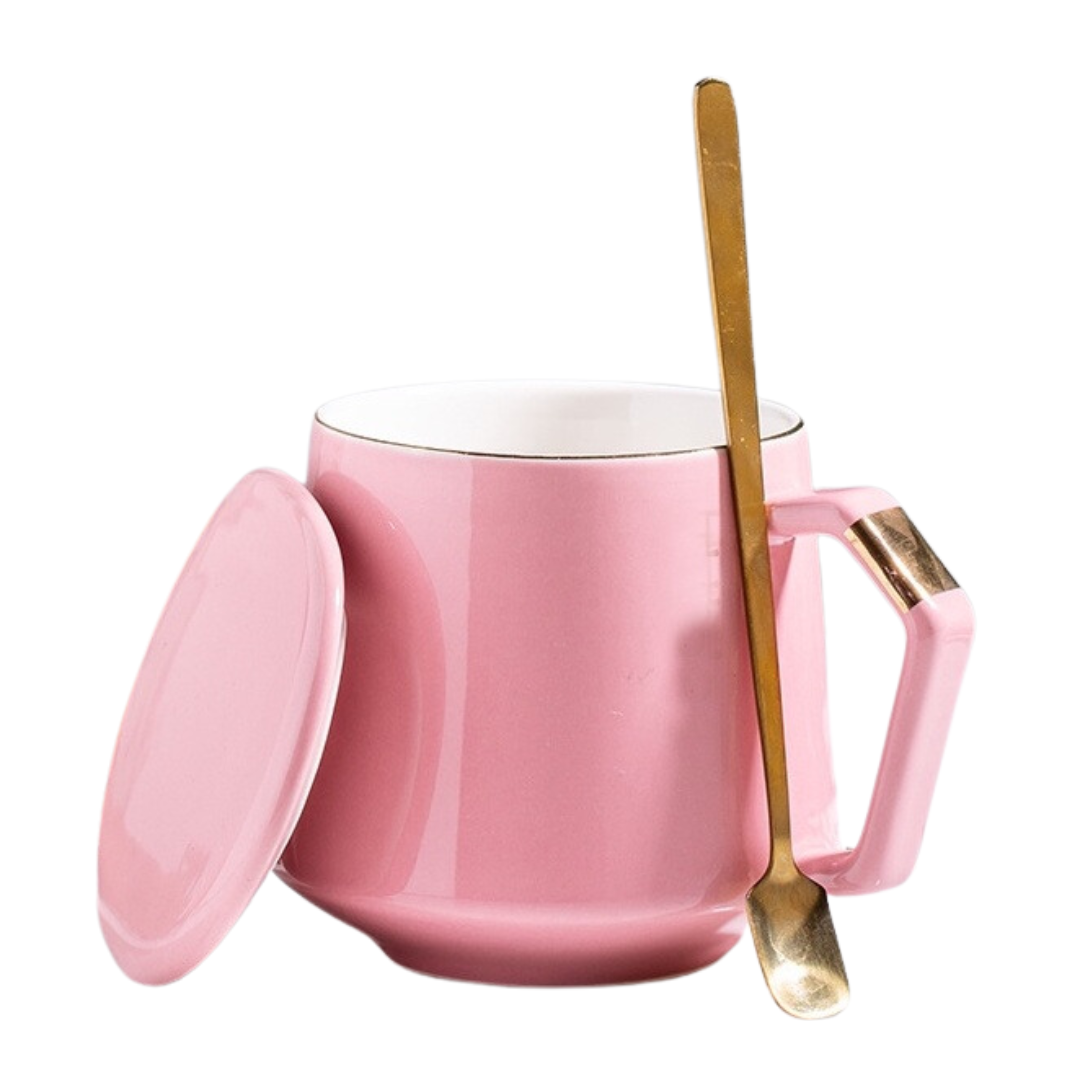 MUGGO Coffee Tea Mug With Lid And Spoon 360ml Pink