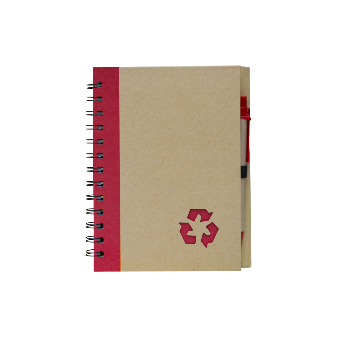Eco Notepad with Pen – Coloured Cover with Recycle Symbol (70 Sheets) Red