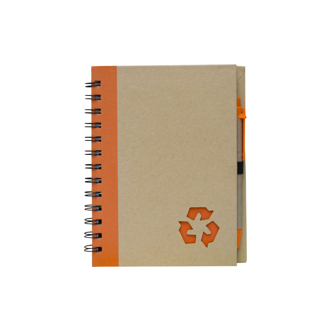 Eco Notepad with Pen – Coloured Cover with Recycle Symbol (70 Sheets) Orange