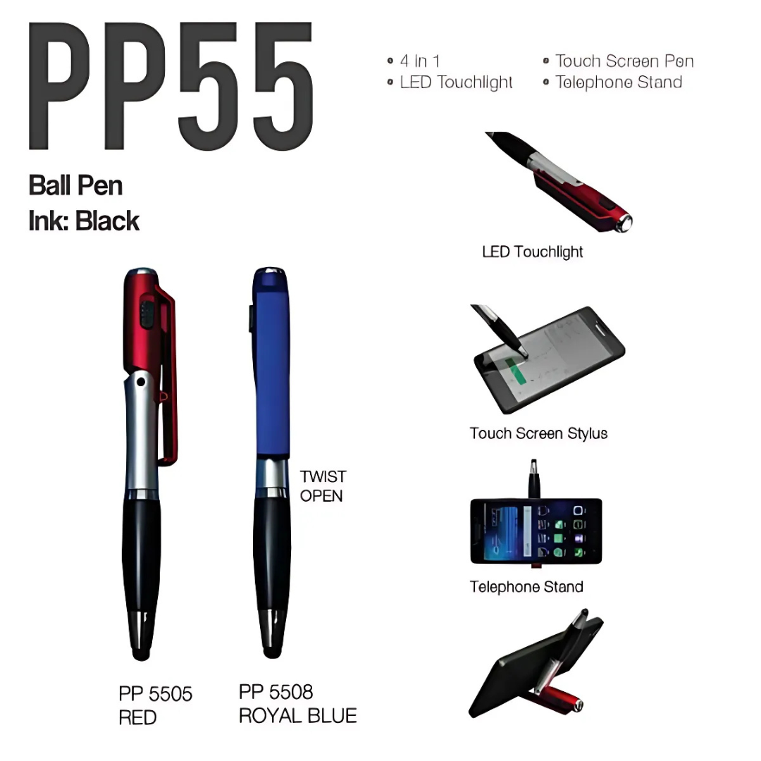VERSA 4-in-1 Black Ink Plastic Ballpoint Pen with LED Touchlight (Royal Blue)