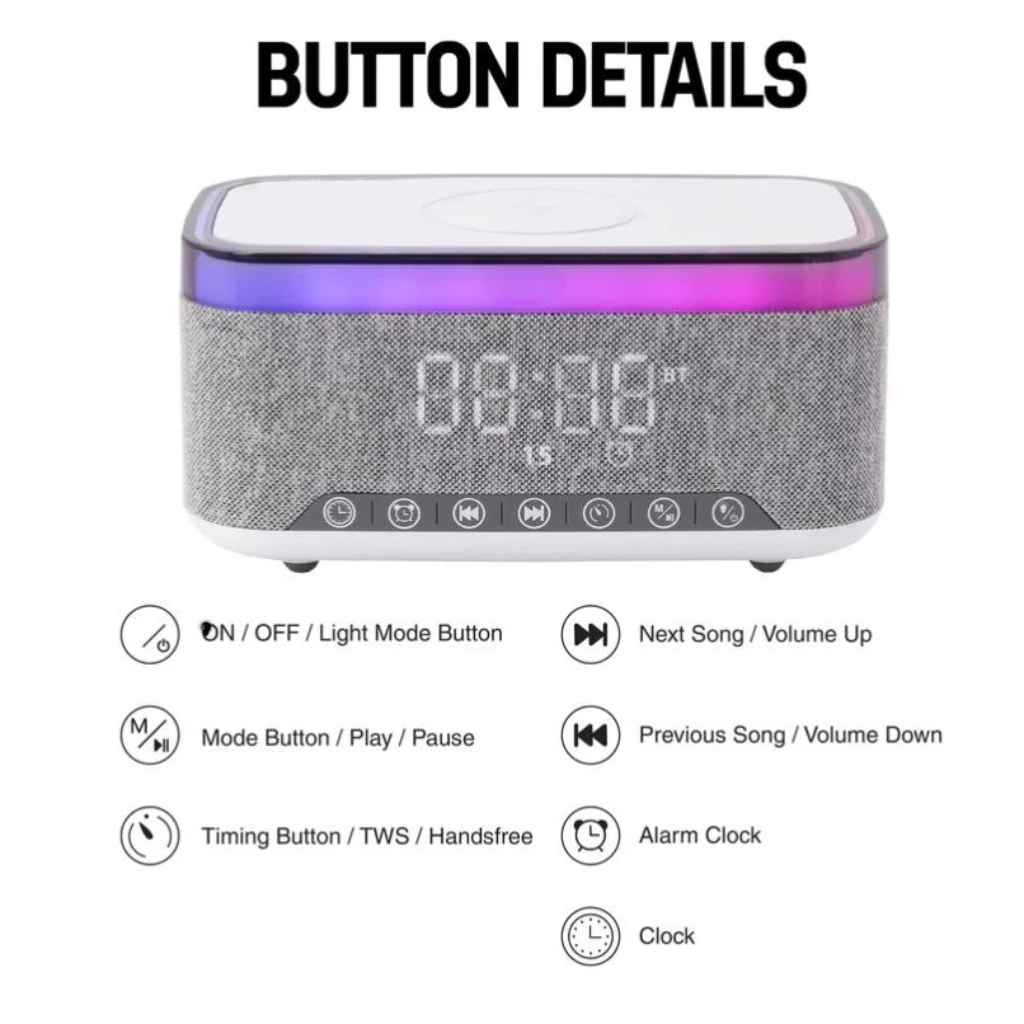 GlowBox S300 - Bluetooth Speaker with 15W Wireless Charging and Alarm Clock