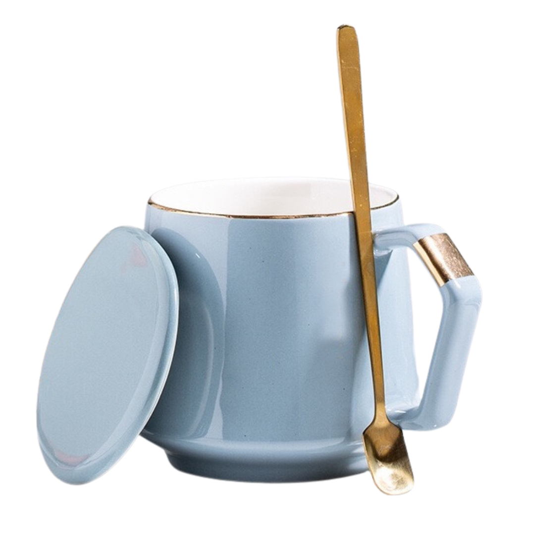 MUGGO Coffee Tea Mug With Lid And Spoon 360ml LightBlue