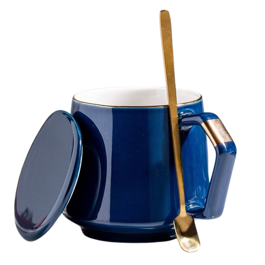 MUGGO Coffee Tea Mug With Lid And Spoon 360ml Navy Blue