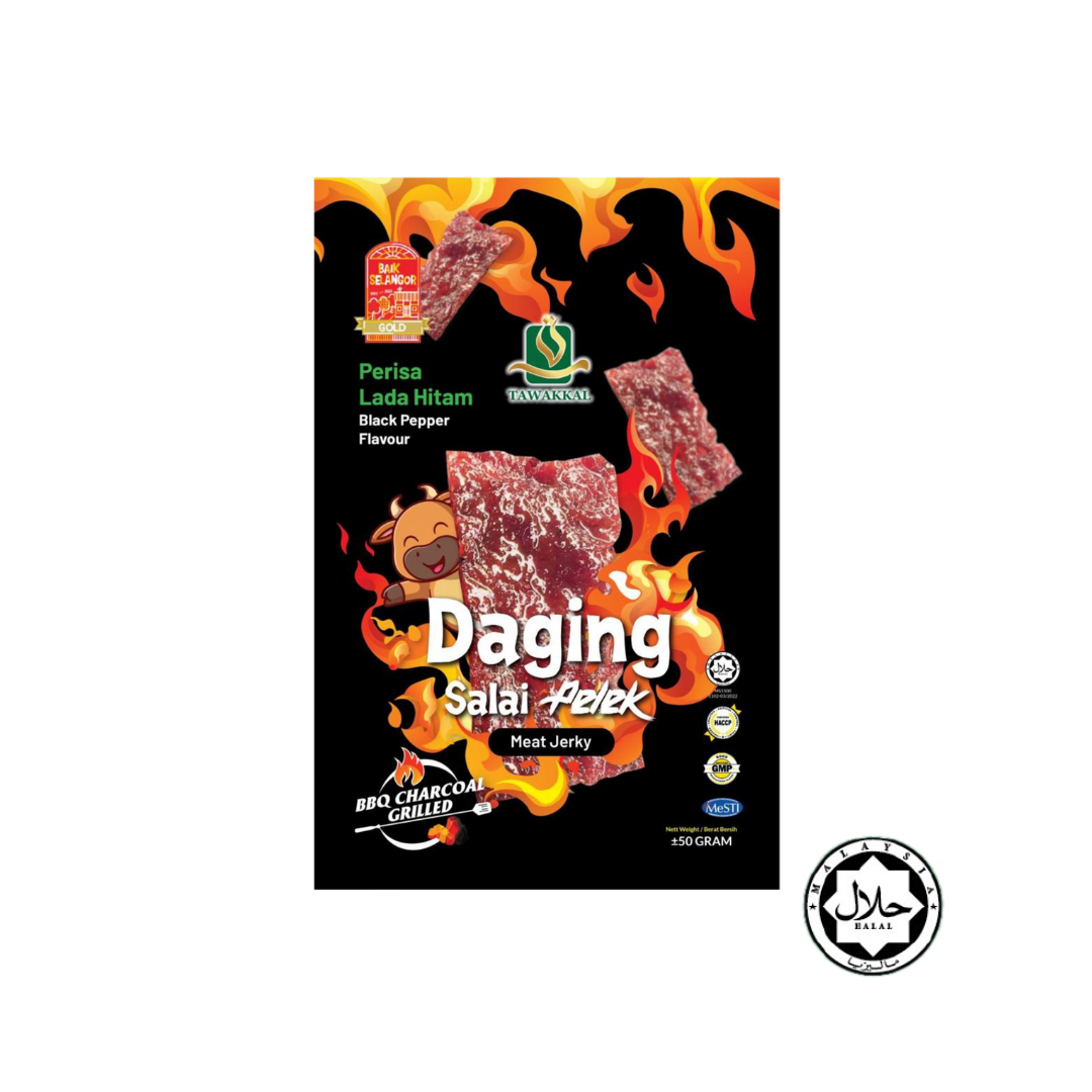 Daging Salai Pelek Kepingan Lada Hitam – 50g (Halal Certified)