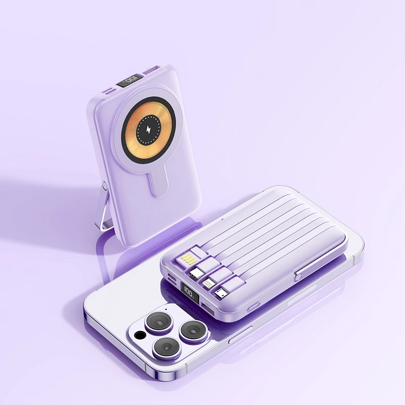 Fast Charging PowerBank folding 12000mAh 15w Magnetic Wireless Built-in4 Cable 22.5W/20W for iOS Android - Purple