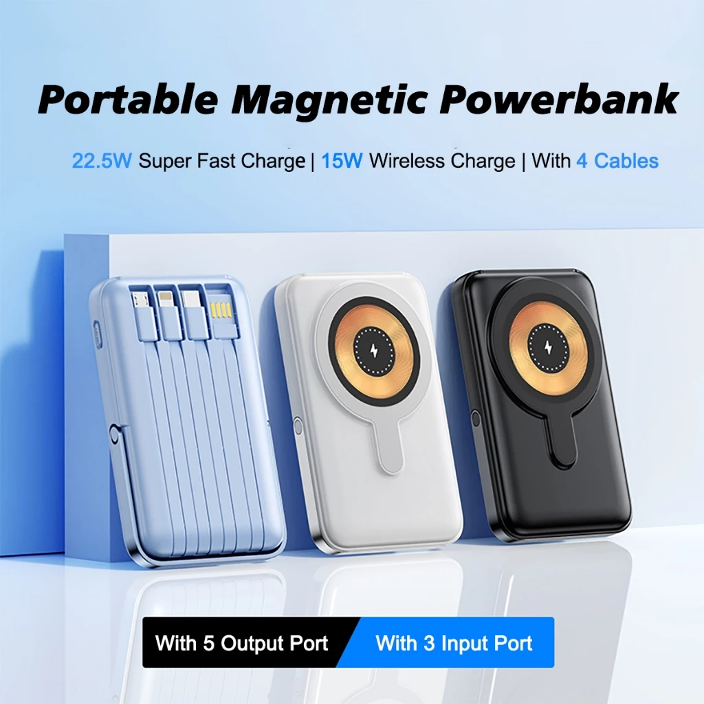 Fast Charging PowerBank folding 12000mAh 15w Magnetic Wireless Built-in4 Cable 22.5W/20W for iOS Android - Purple