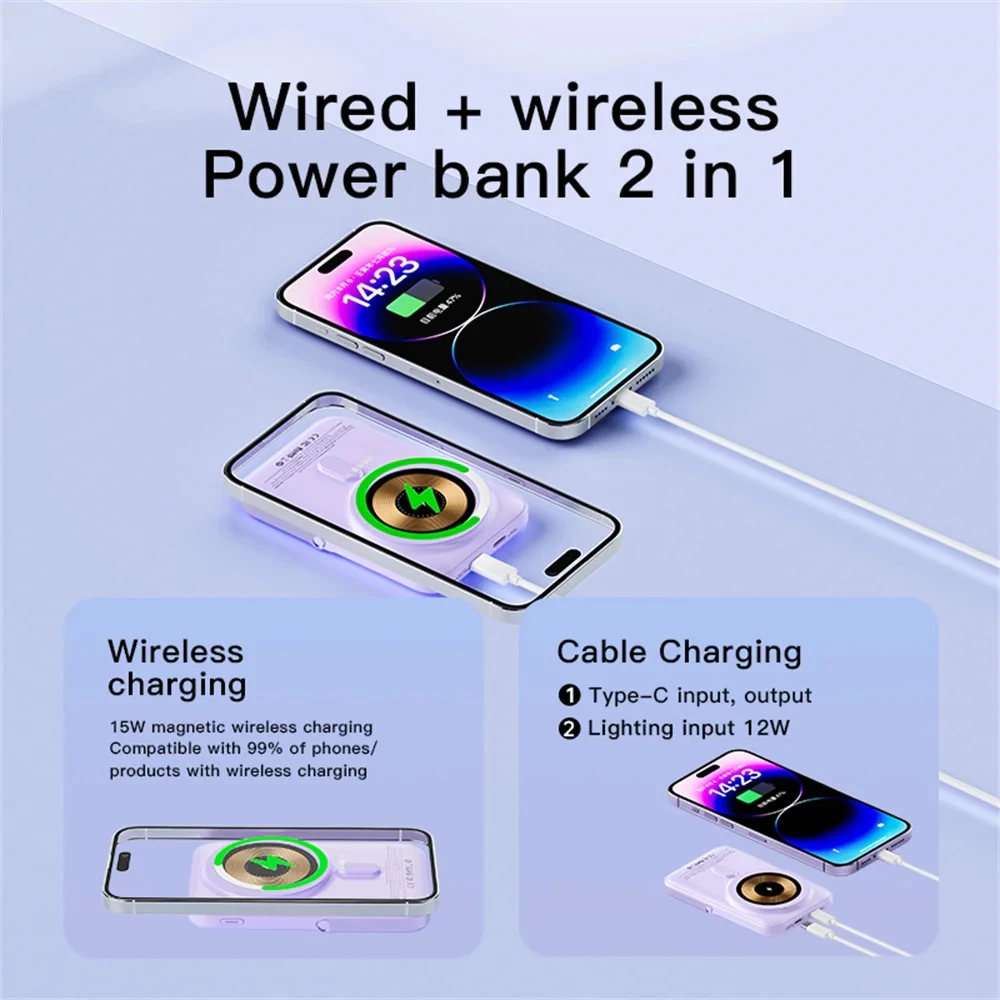 Fast Charging PowerBank folding 12000mAh 15w Magnetic Wireless Built-in4 Cable 22.5W/20W for iOS Android - Purple