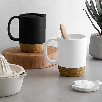 CORK 2 Tone Ceramic Mug with Cover (400ml) - White