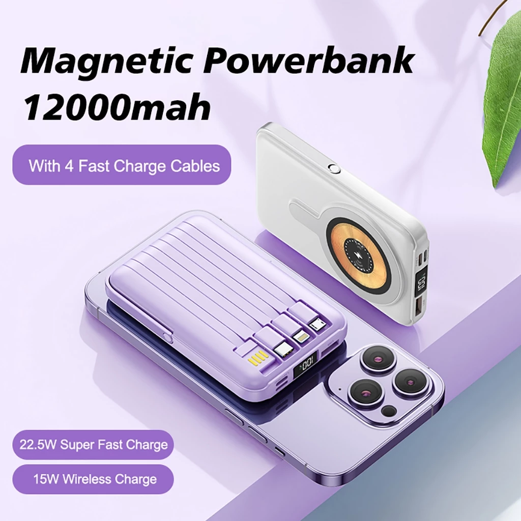 Fast Charging PowerBank folding 12000mAh 15w Magnetic Wireless Built-in4 Cable 22.5W/20W for iOS Android - Blue