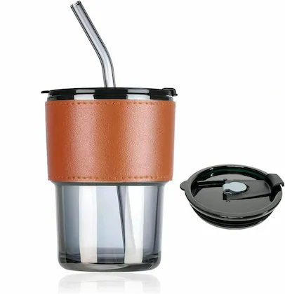 MONTE 2 Premium Color Glass Mug with PU Sleeve (400ml) - Black Glass Brown Sleeve