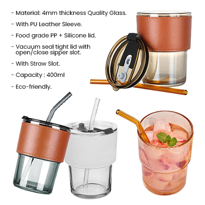 MONTE 2 Premium Color Glass Mug with PU Sleeve (400ml) - Black Glass Brown Sleeve