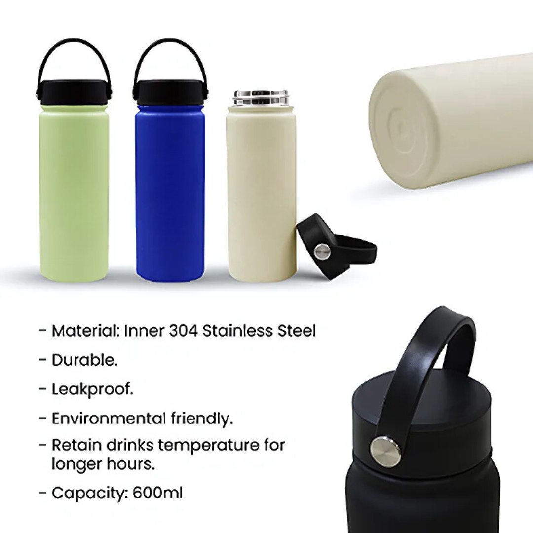 YOUNG Double Wall Stainless Steel Flask with Handle (600ml) - Cream - Image 4