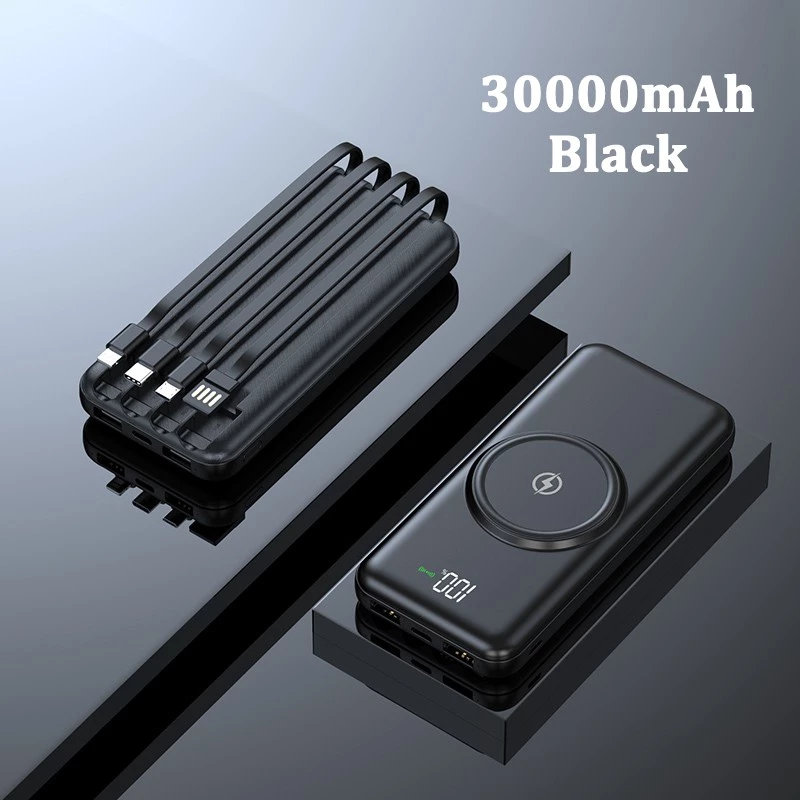30000mah Powerbank Wireless Charge With 4 Cables - Black