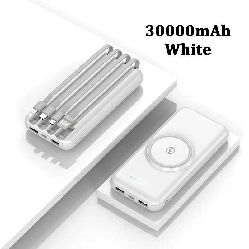 30000mah Powerbank Wireless Charge With 4 Cables - White