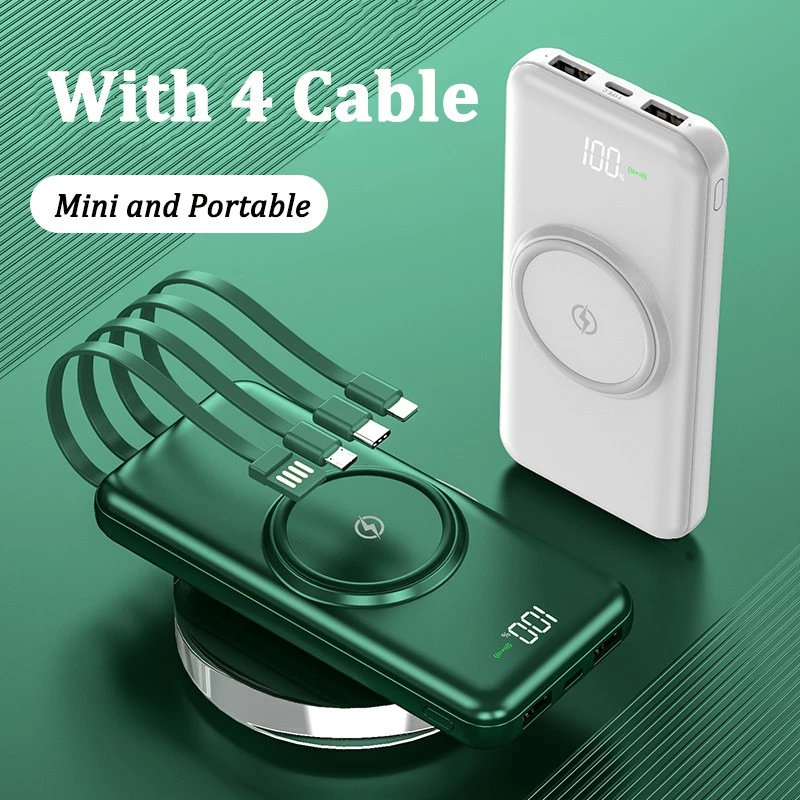 30000mah Powerbank Wireless Charge With 4 Cables - White