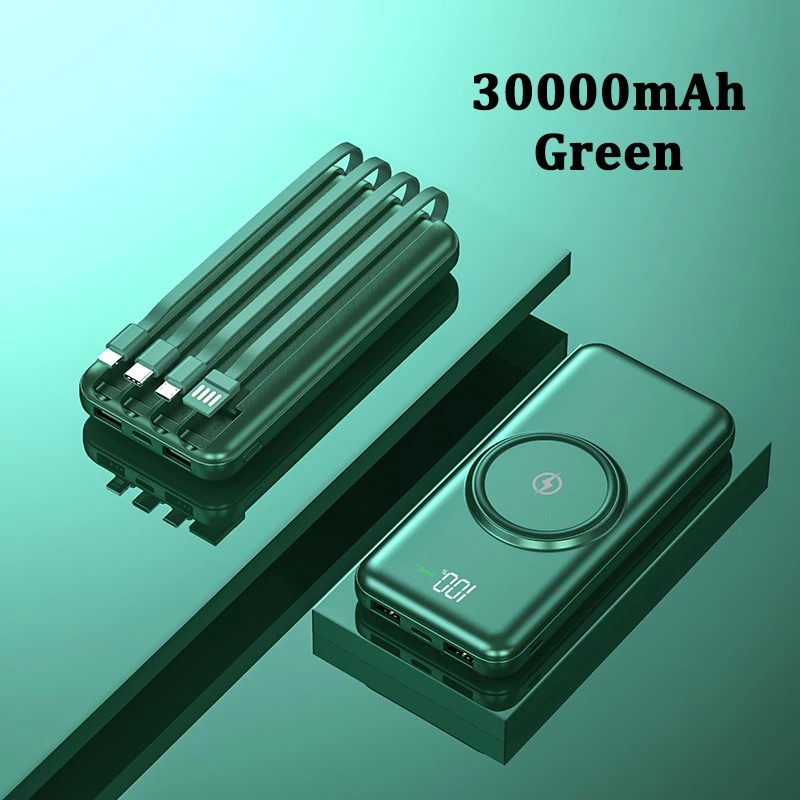30000mah Powerbank Wireless Charge With 4 Cables - Green