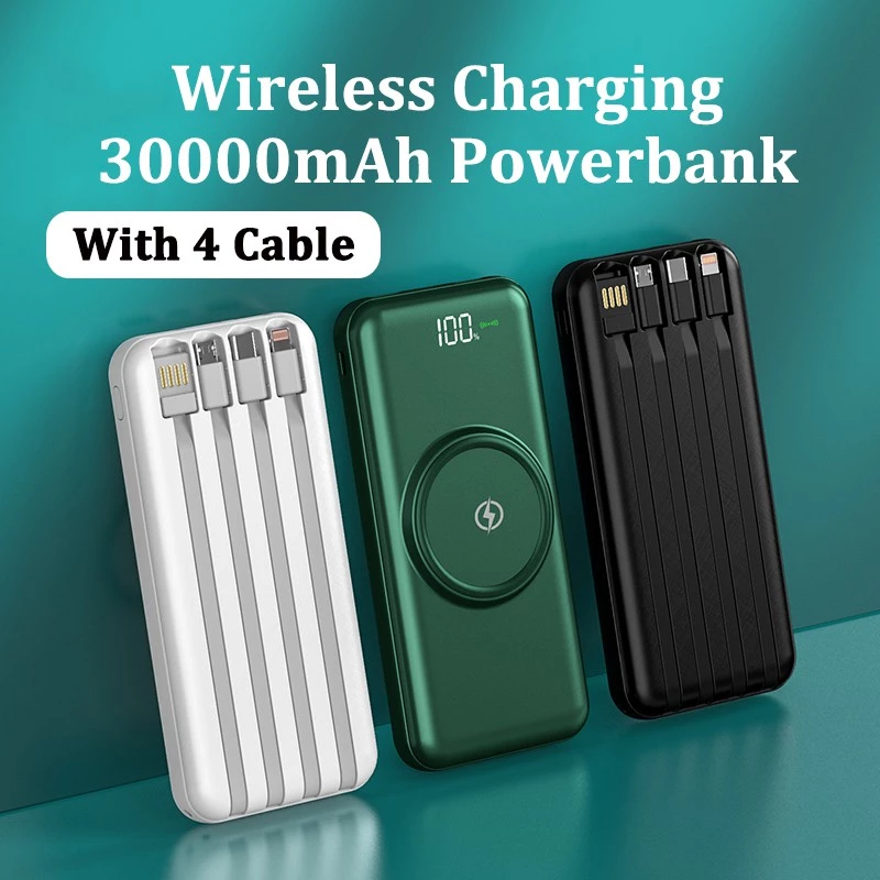 30000mah Powerbank Wireless Charge With 4 Cables - Green