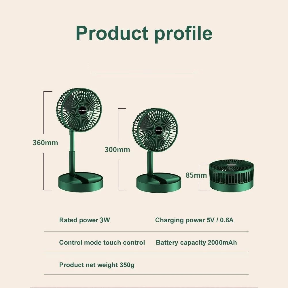 Adjustable Folding Fan – A Compact, USB Rechargeable Cooling Solution for Home, Office, and Desk Use - Black