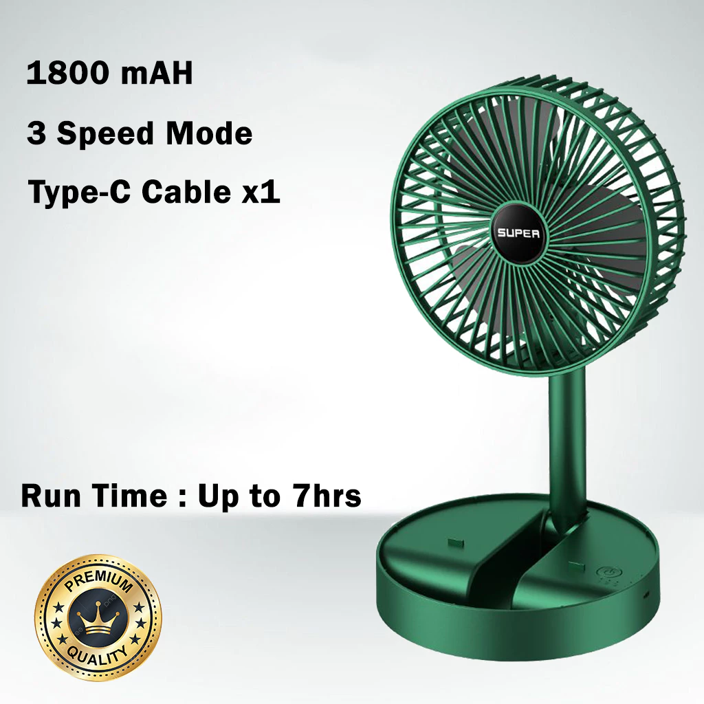 Adjustable Folding Fan – A Compact, USB Rechargeable Cooling Solution for Home, Office, and Desk Use - Dark Green