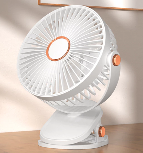 720° Rotating Mini Fan – 5-Speed Adjustable, Portable Clip, Table, Desktop & Hanging Fan – Rechargeable with Powerful Airflow - White With Light