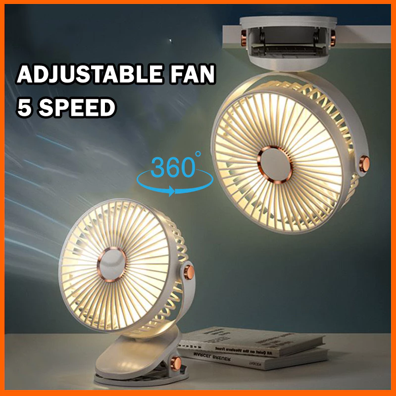 720° Rotating Mini Fan – 5-Speed Adjustable, Portable Clip, Table, Desktop & Hanging Fan – Rechargeable with Powerful Airflow - White With Light