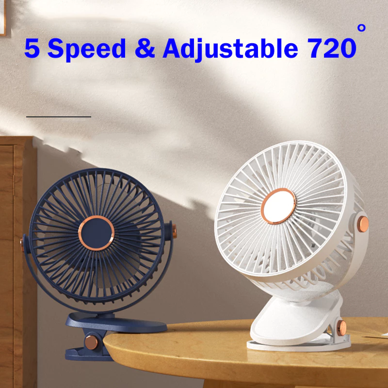 720° Rotating Mini Fan – 5-Speed Adjustable, Portable Clip, Table, Desktop & Hanging Fan – Rechargeable with Powerful Airflow - White With Light