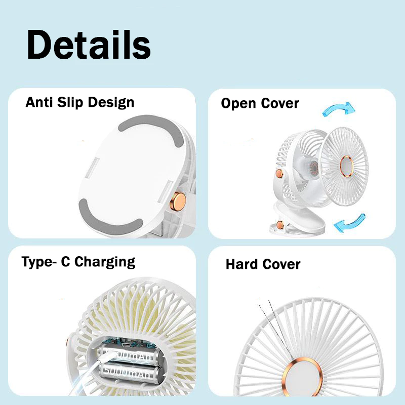 720° Rotating Mini Fan – 5-Speed Adjustable, Portable Clip, Table, Desktop & Hanging Fan – Rechargeable with Powerful Airflow - White With Light