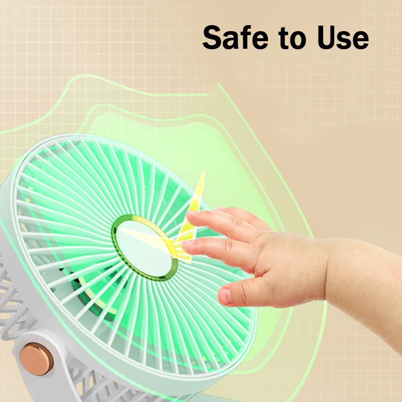 720° Rotating Mini Fan – 5-Speed Adjustable, Portable Clip, Table, Desktop & Hanging Fan – Rechargeable with Powerful Airflow - White With Light