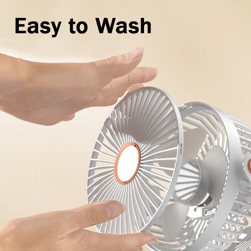 720° Rotating Mini Fan – 5-Speed Adjustable, Portable Clip, Table, Desktop & Hanging Fan – Rechargeable with Powerful Airflow - White With Light