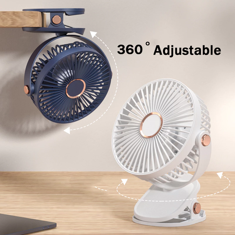720° Rotating Mini Fan – 5-Speed Adjustable, Portable Clip, Table, Desktop & Hanging Fan – Rechargeable with Powerful Airflow - White With Light