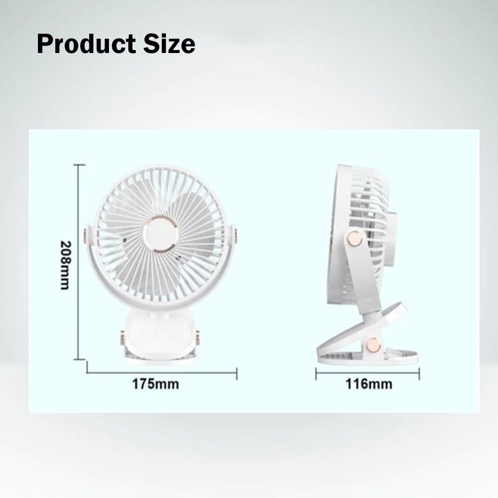 720° Rotating Mini Fan – 5-Speed Adjustable, Portable Clip, Table, Desktop & Hanging Fan – Rechargeable with Powerful Airflow - White With Light